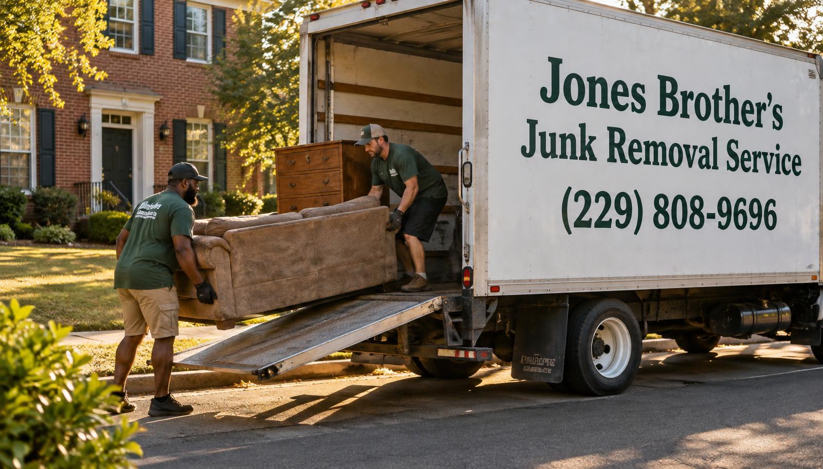Jones Brother's Junk Removal Service crew loading a sofa into a truck in Columbus, GA
